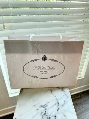 Prada Milano White Shopping Bag Black Logo Rope Handles 13.75"W x 9.75"H x 5.75"